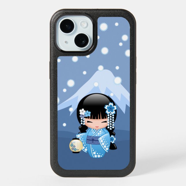 Winter Kokeshi Doll - Blue Mountain Geisha Girl iPhone 15 Case (Back)