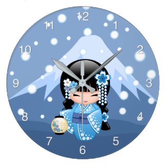 Winter Kokeshi Doll - Blue Mountain Geisha Girl Large Clock