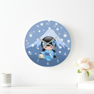 Winter Kokeshi Doll - Blue Mountain Geisha Girl Large Clock