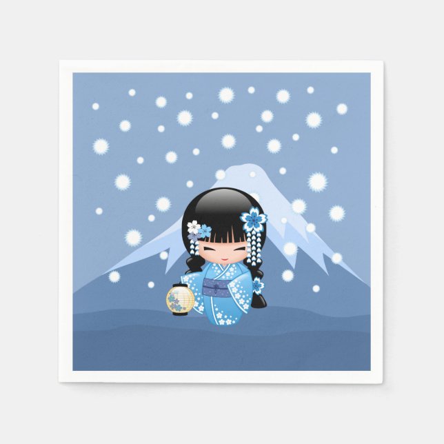 Winter Kokeshi Doll - Blue Mountain Geisha Girl Napkins (Front)