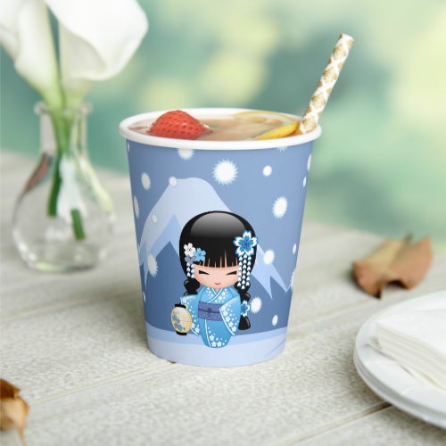 Winter Kokeshi Doll _ Blue Mountain Geisha Girl Paper Cups