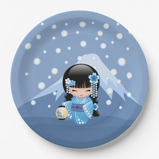 Winter Kokeshi Doll - Blue Mountain Geisha Girl Paper Plates (Front)