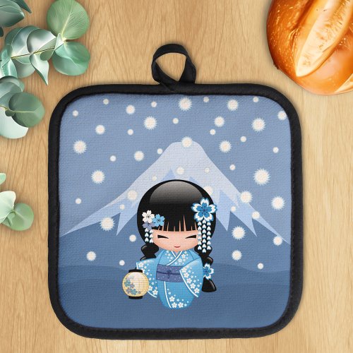Winter Kokeshi Doll _ Blue Mountain Geisha Girl Pot Holder