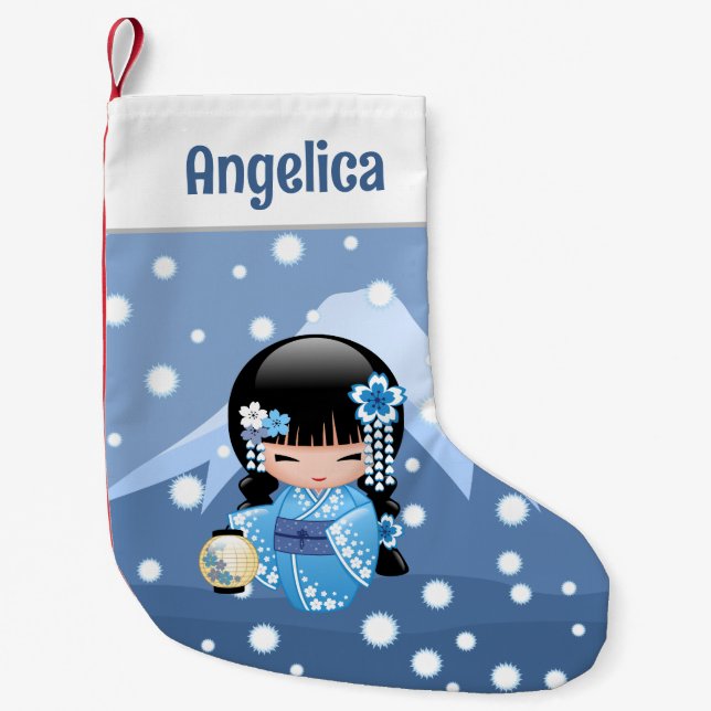 Winter Kokeshi Doll - Blue Mountain Geisha Girl Small Christmas Stocking (Front)