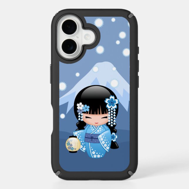 Winter Kokeshi Doll Blue Mountain Geisha Girl Speck iPhone Case (Front)