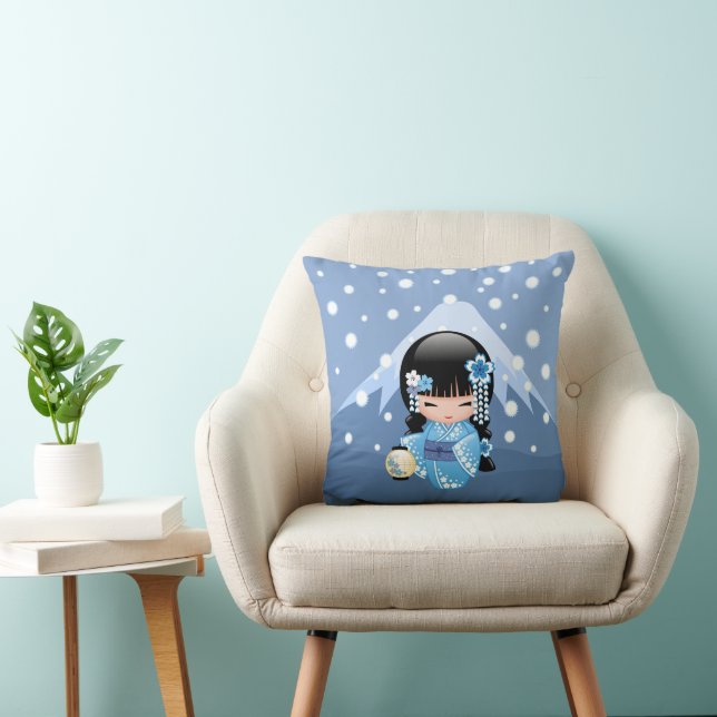 Winter Kokeshi Doll - Blue Mountain Geisha Girl Throw Pillow (Chair)