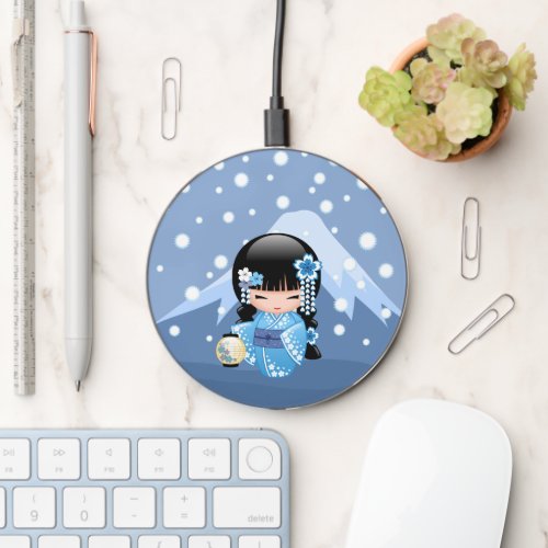 Winter Kokeshi Doll _ Blue Mountain Geisha Girl Wireless Charger