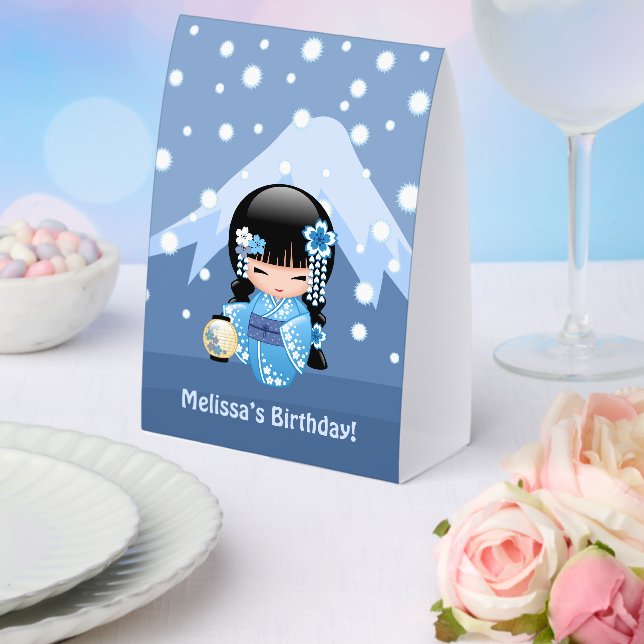 Winter Kokeshi Doll Cute Geisha Girl Blue Mountain Paper Table Tent (Insitu(Wedding))