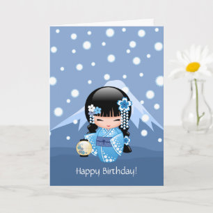 Winter Kokeshi Doll - Happy Birthday Geisha Girl Card