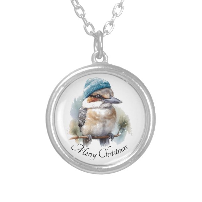 Winter Kookaburra Wishes, custom Silver Plated Necklace (Front)