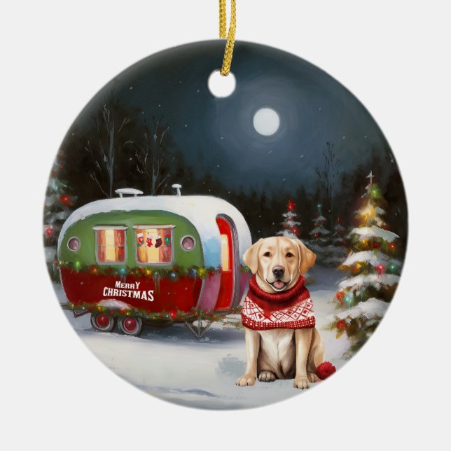 Winter Labrador Caravan Christmas Adventure Ceramic Ornament (Front)