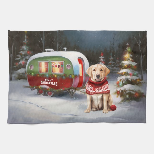 Winter Labrador Caravan Christmas Adventure Kitchen Towel (Horizontal)