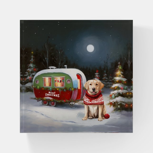 Winter Labrador Caravan Christmas Adventure Paperweight (Front)