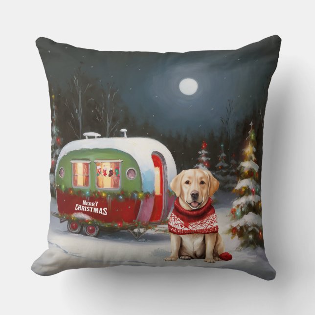 Winter Labrador Caravan Christmas Adventure Throw Pillow (Front)