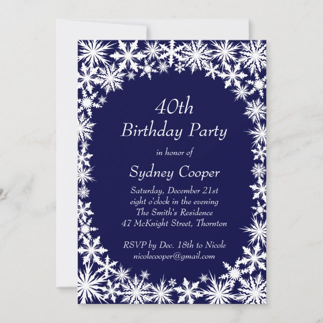 Winter Lace 40th Birthday Party Invitation - blue (Front)