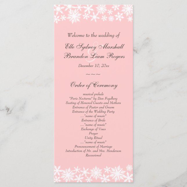 Winter Lace on Blush Wedding Program (Front)