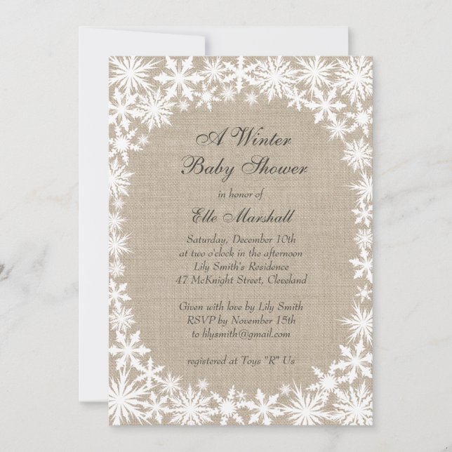 Winter Lace on Burlap Baby Shower Invitation (Front)