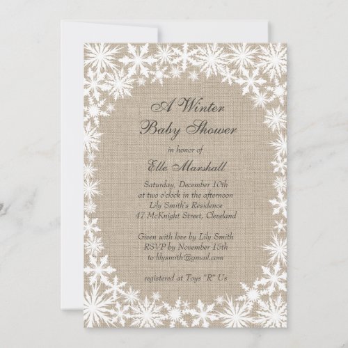 Winter Lace on Burlap Baby Shower Invitation