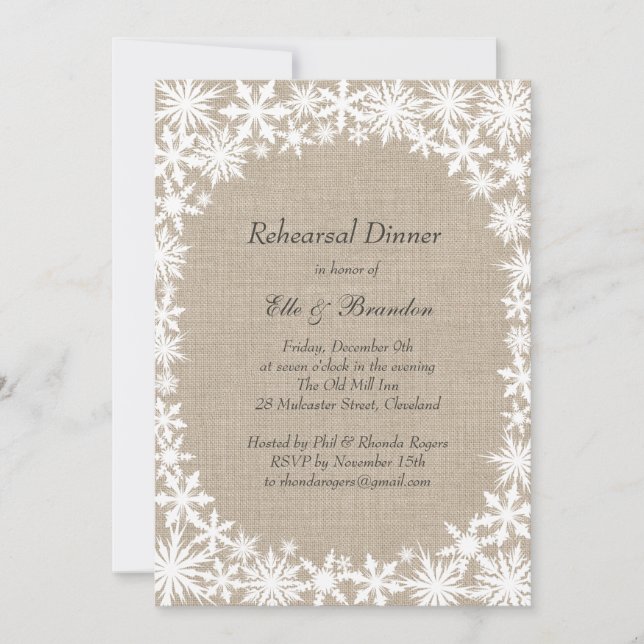 Winter Lace on Burlap Rehearsal Dinner Invitation (Front)