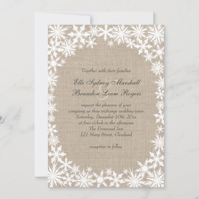 Winter Lace on Burlap Wedding Invitation (Front)