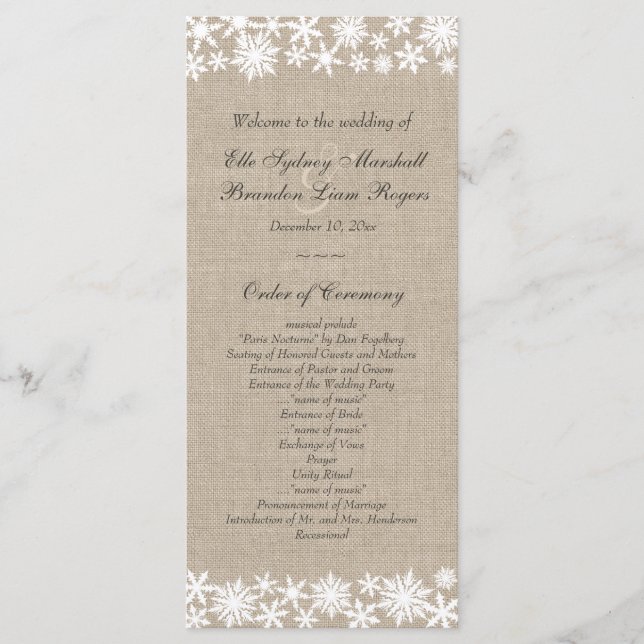 Winter Lace on Burlap Wedding Program (Front)