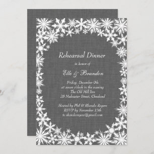 Winter Lace on Gray Linen Rehearsal Dinner Invite