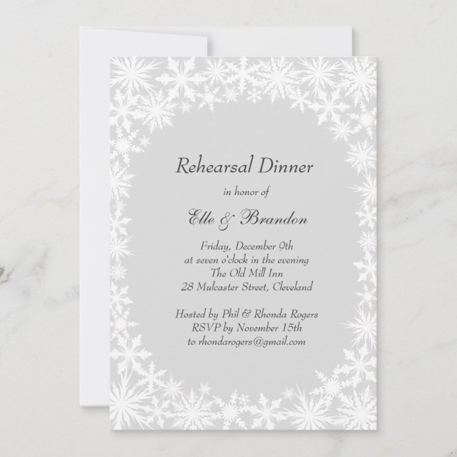 Winter Lace on Gray Rehearsal Dinner Invitation (Front)