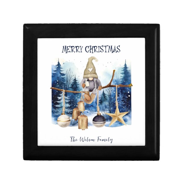 Winter Lady Gnome Blue Forest Merry Christmas Gift Box (Front)