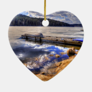 Winter Lake and Kayak Wilderness Landscape Ceramic Ornament