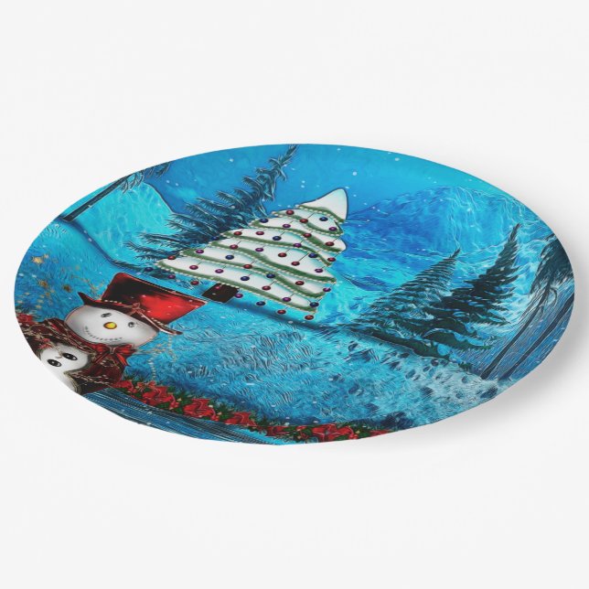 Winter Lake Christmas Folk Art Paper Plates (Angled)