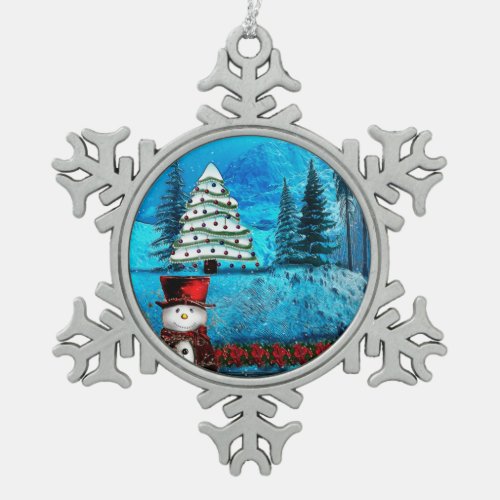 Winter Lake Christmas Folk Art Snowflake Pewter Christmas Ornament