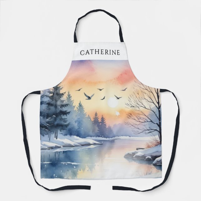 Winter Lake Snow Seasonal Personalized Kitchen Apron (Front)