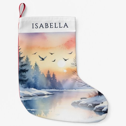Winter Lake Sunrise Snow Scene Personalized Small Christmas Stocking