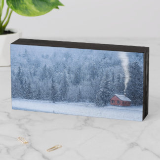 Winter Lakeside Cabin Wooden Box Sign