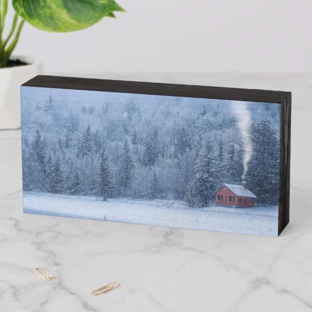 Winter Lakeside Cabin Wooden Box Sign (In Situ Horizontal)
