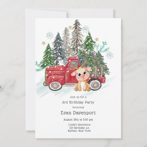 Winter land Truck and Baby Rudolph Birthday Party Invitation