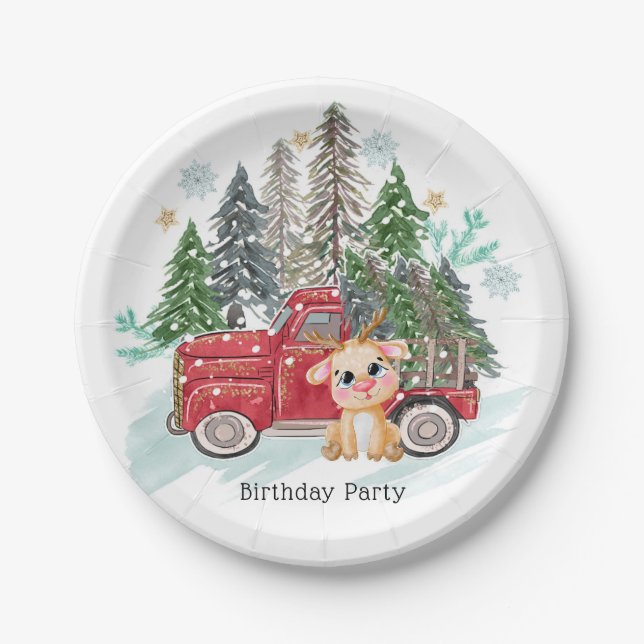 Winter land Truck and Baby Rudolph Birthday Party Paper Plates (Front)