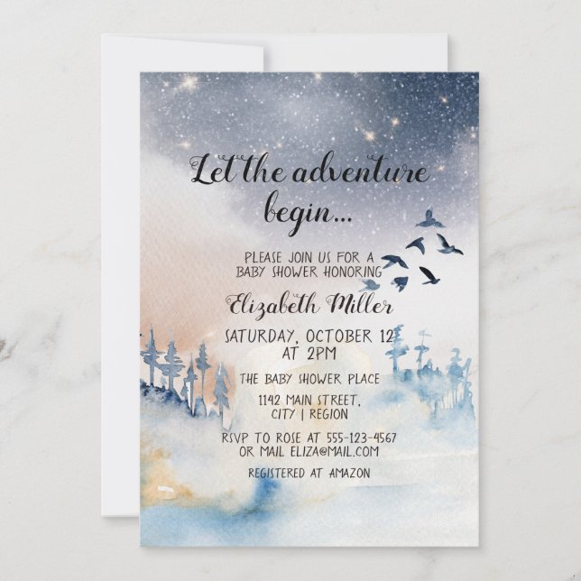 Winter Landscape Adventure Begins Baby Shower Invitation (Front)