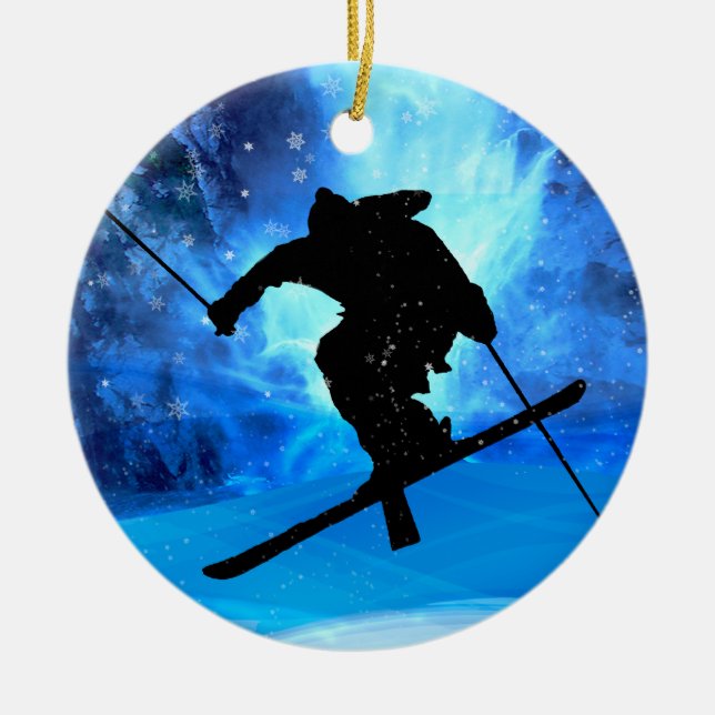 Winter Landscape and Freestyle Skier Ceramic Ornament (Front)