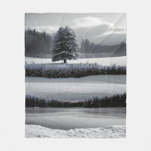 Winter landscape and tree, black and white - art fleece blanket