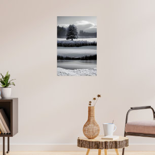 Winter landscape and tree, black and white - art poster