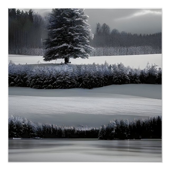 Winter landscape and tree, black and white - art poster (Front)