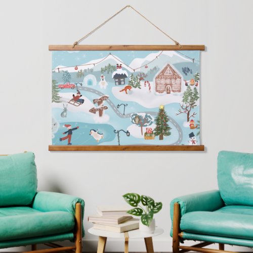 Winter landscape Christmas village illustration  Hanging Tapestry