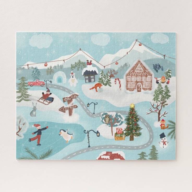 Winter landscape Christmas village illustration Jigsaw Puzzle | Zazzle