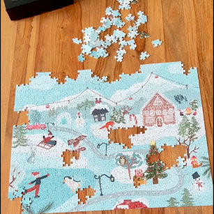 Winter landscape Christmas village illustration Jigsaw Puzzle