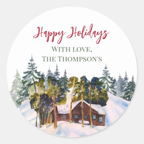 Winter Landscape Evergreen Trees Christmas Favor Classic Round Sticker