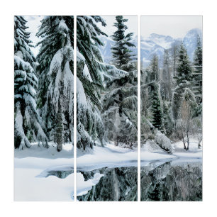 Winter Landscape Evergreen Trees Snow Mountains Triptych