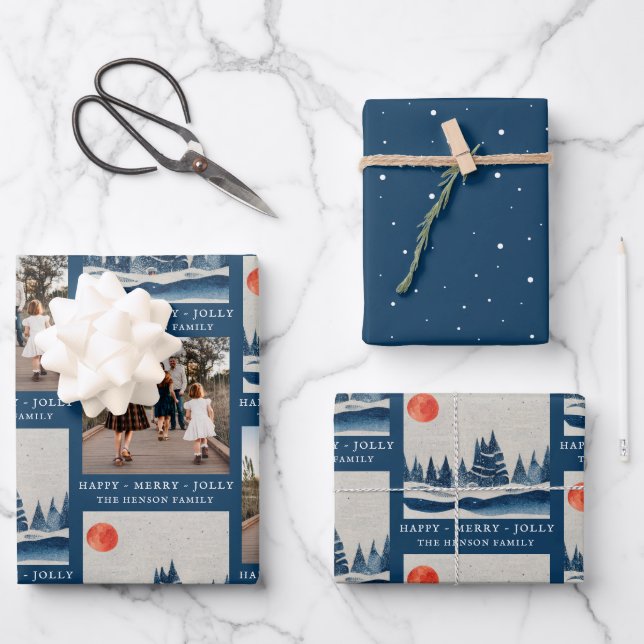Winter Landscape Forest Moon Blue Photo Wrapping Paper Sheets (Front)