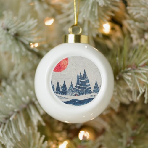 Winter Landscape Forest Moon Navy Blue Drawing  Ceramic Ball Christmas Ornament