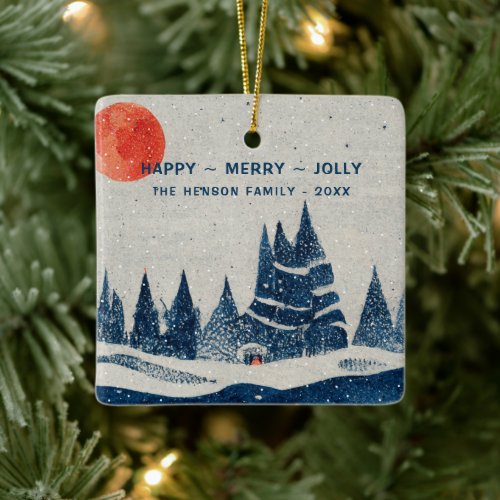 Winter Landscape Forest Moon Navy Blue Drawing  Ceramic Ornament